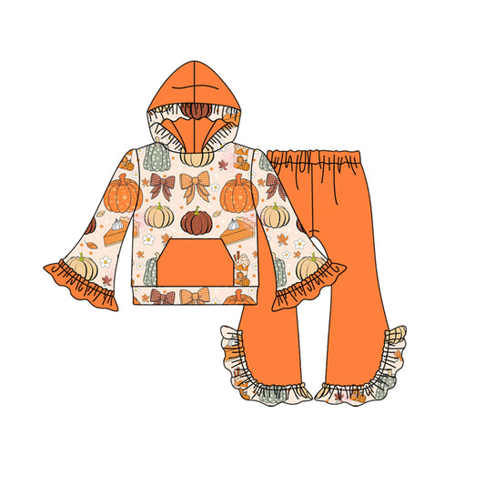 Fall pumpkin bow designs kids long sleeve matching outfit preorder