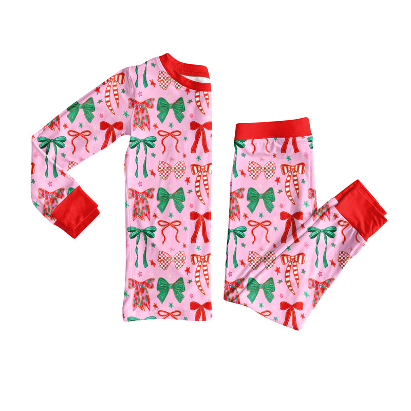 Christmas red green bow design girls long sleeve matching outfit preorder