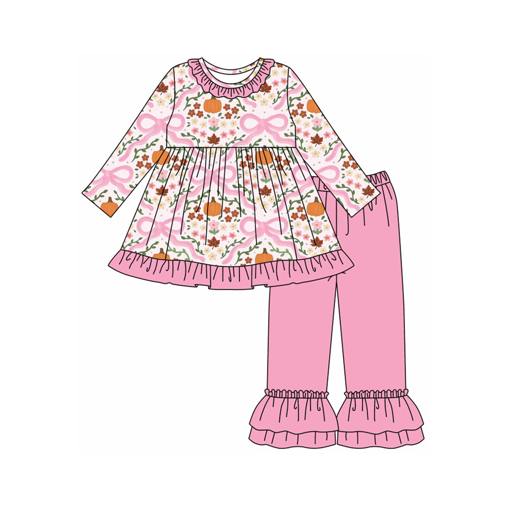 Pumpkin pink bow floral kids long sleeve matching outfit preorder