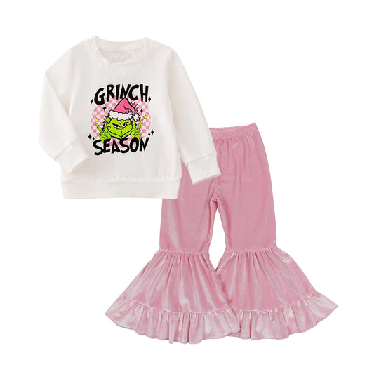 Green face shirt pink velvet bell bottoms kids long sleeve matching outfit preorder