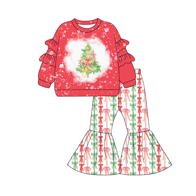 Christmas red  green bow design kids long sleeve matching outfit preorder