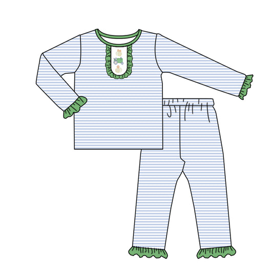 Fall pumpkin tractor blue stripes design kids long sleeve matching outfit preorder