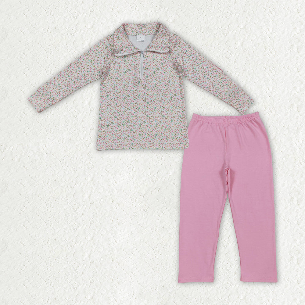 Pink floral pullover pants design kids girls long sleeve outfit