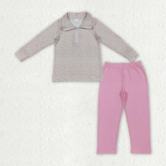 Pink floral pullover pants design kids girls long sleeve outfit