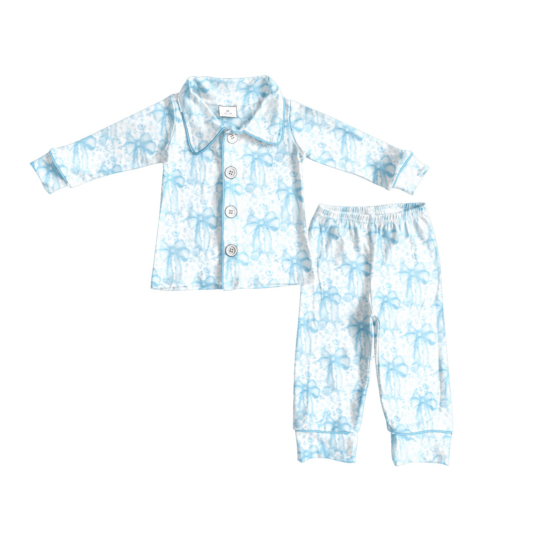 Blue bow kids girls long sleeve matching pajama set preorder