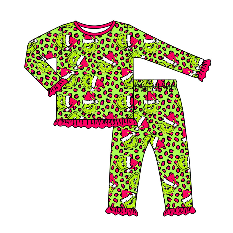 Christmas green face kids girls long sleeve matching pajama set preorder