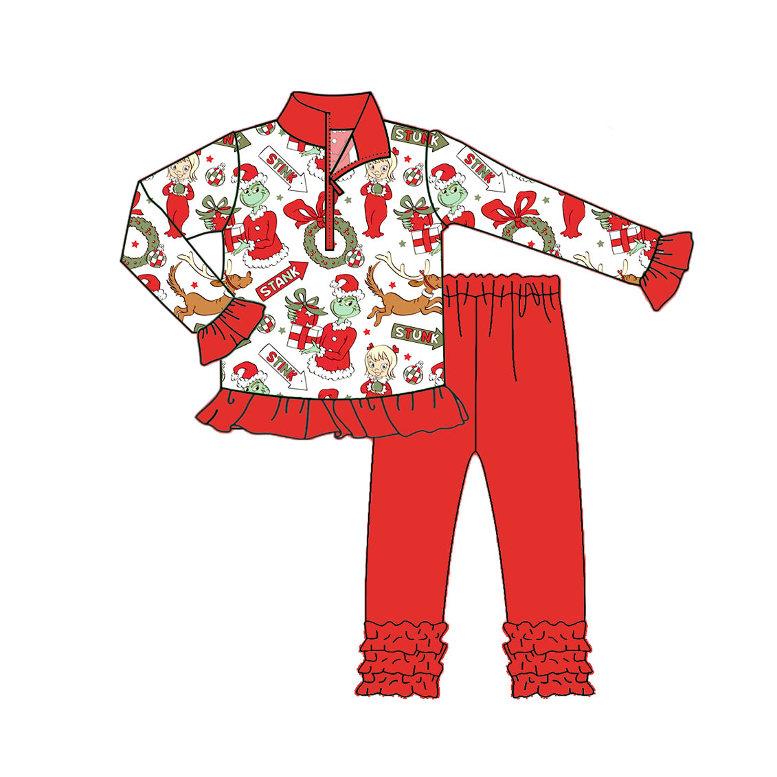Christmas green face gift shirt red leggings girls fall winter outfit preorder