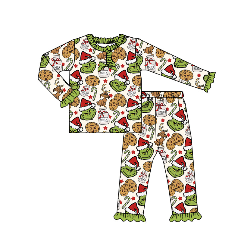 Christmas green face design kids girls matching pajama set preorder
