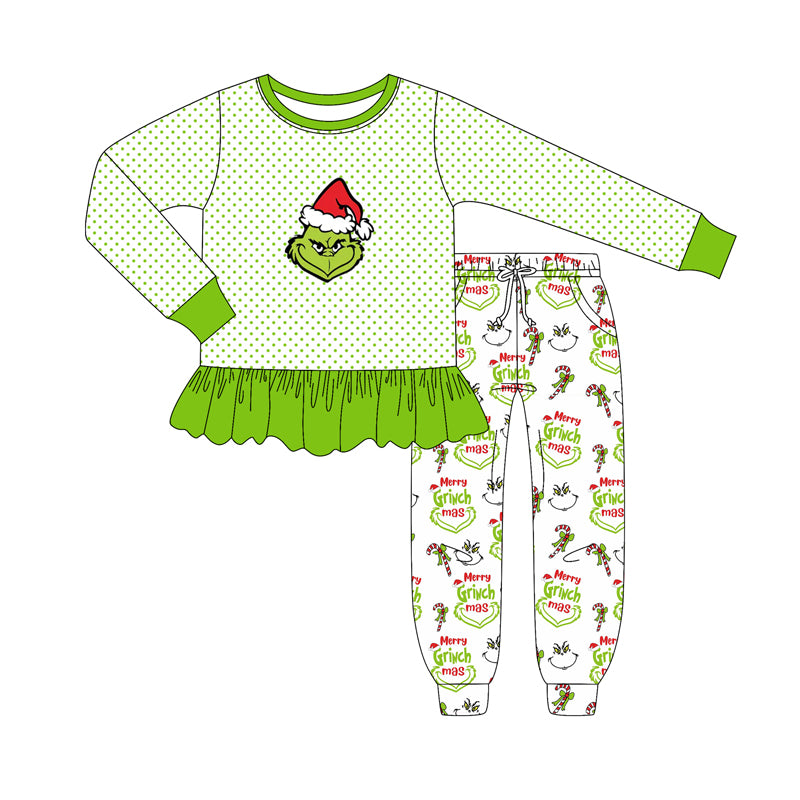Christmas green face shirt matching pants design girls  outfit preorder