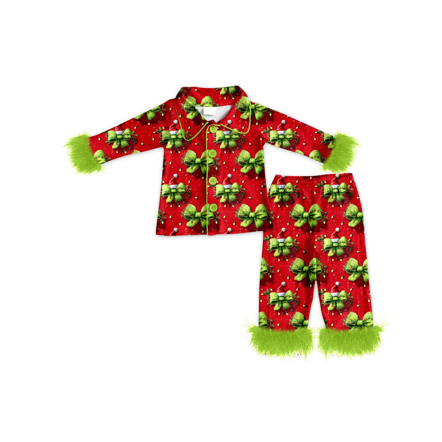Christmas green bow design girls pajama set preorder