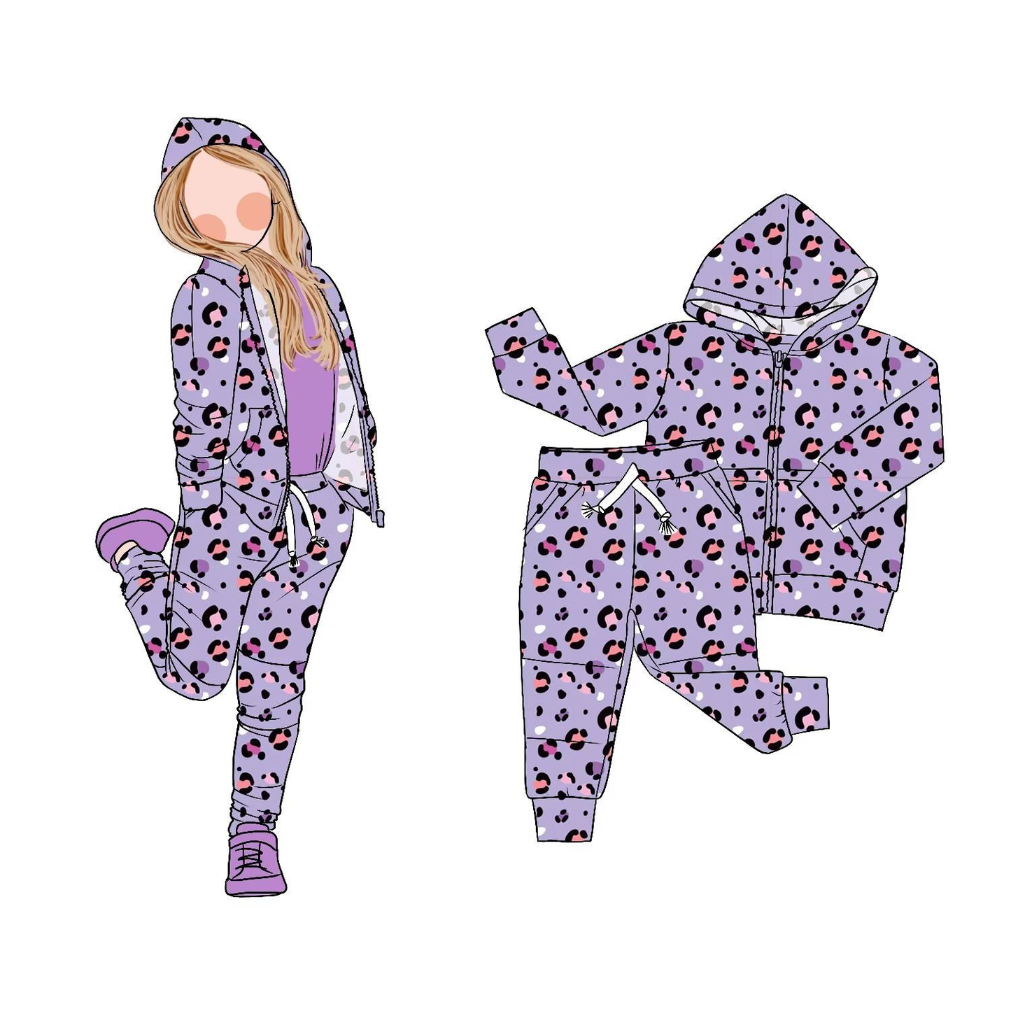 Purple leopard design girls long sleeve hoodie outfit preorder