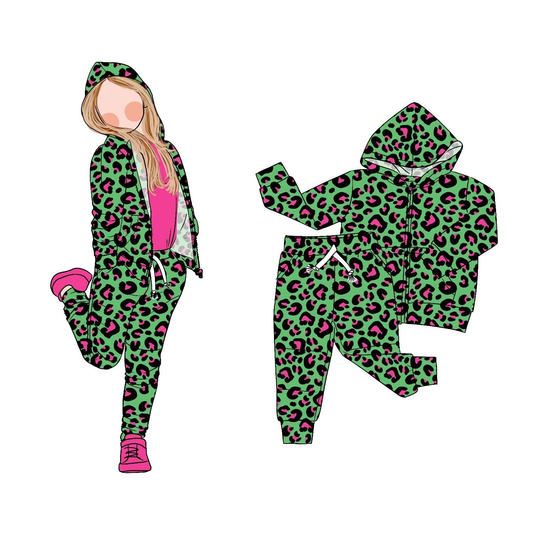 Green leopard design girls long sleeve hoodie outfit preorder