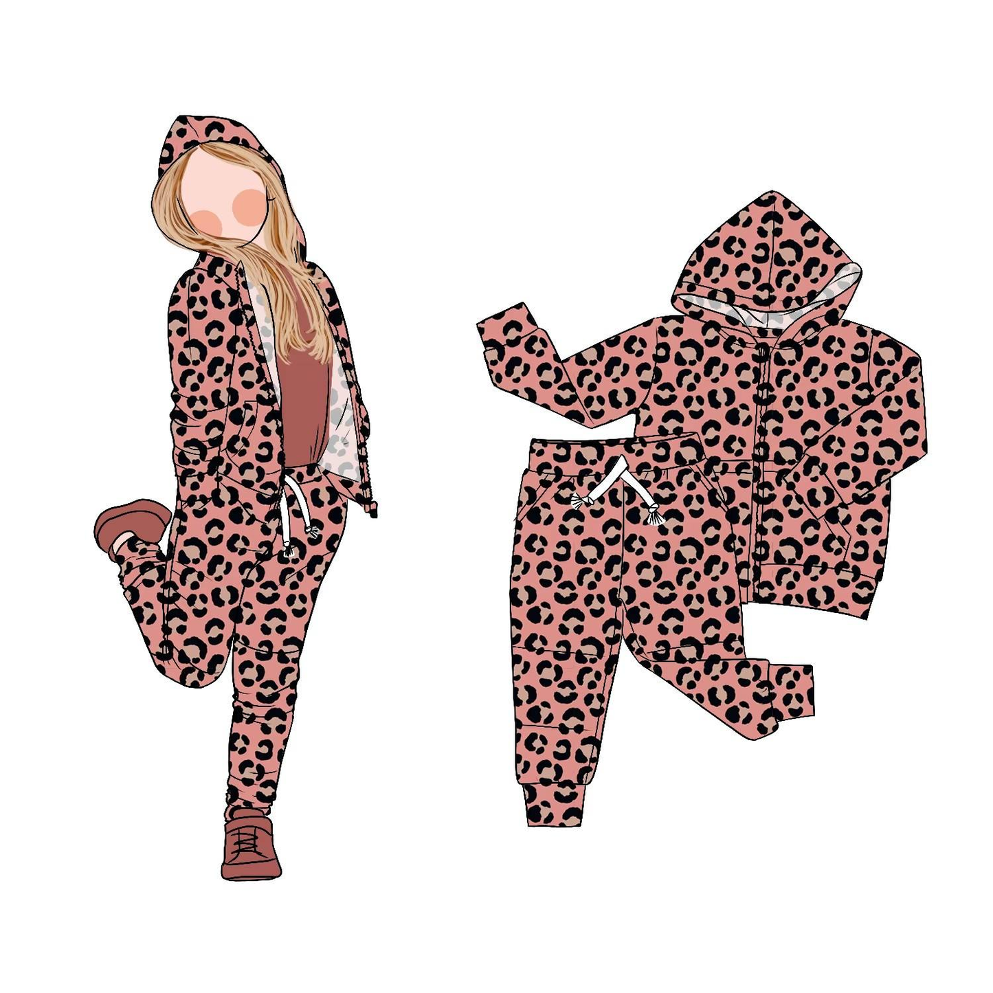 Pink Leopard design girls long sleeve hoodie outfit preorder