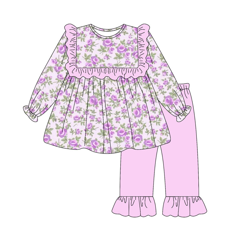 Purple floral design girls long sleeve outfit preorder