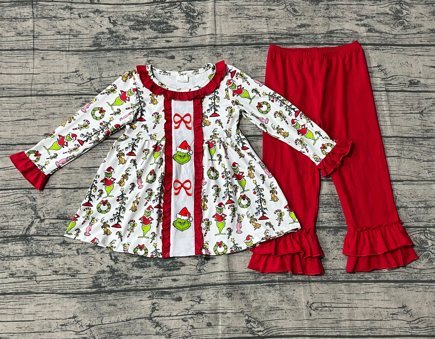 Christmas green face red bow embroidery design kids long sleeve outfit preorder