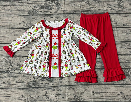 Christmas green face red bow embroidery design kids long sleeve outfit preorder
