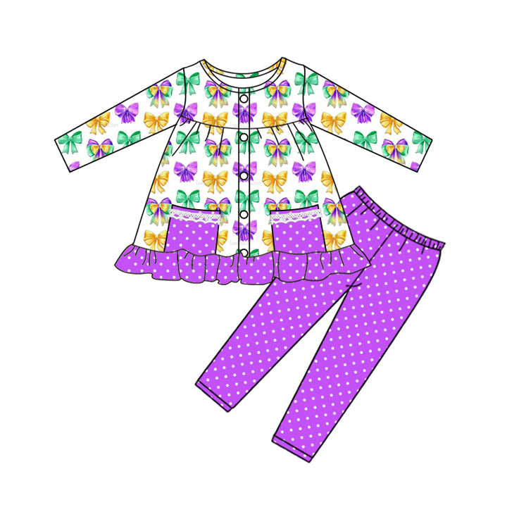 Mardi Gras bow design kids long sleeve outfit preorder