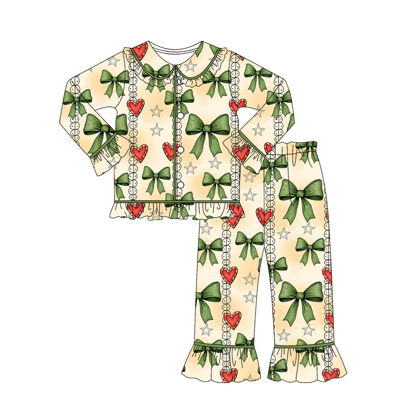 Christmas green bow design girl long sleeve pajama set preorder