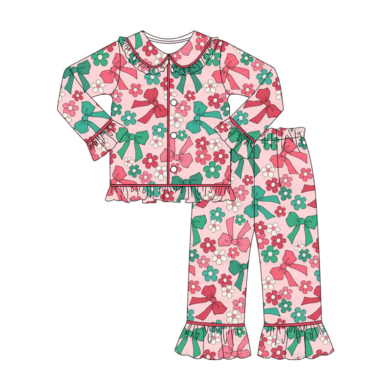Christmas bow design girl long sleeve pajama set preorder