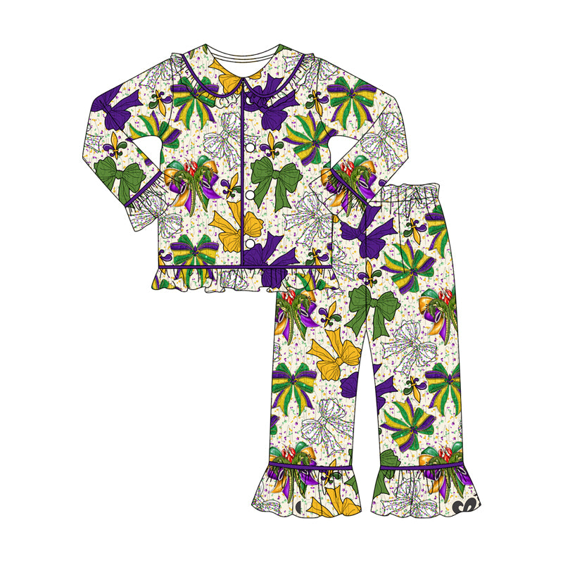 Mardi Gras bow design girl long sleeve pajama set preorder