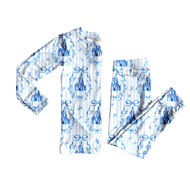 Blue bow castle design kids long sleeve  outfit  preorder