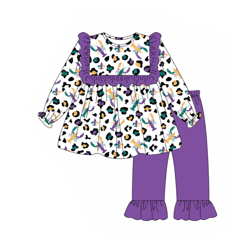 Mardi Gras crawfish design kids long sleeve  outfit  preorder