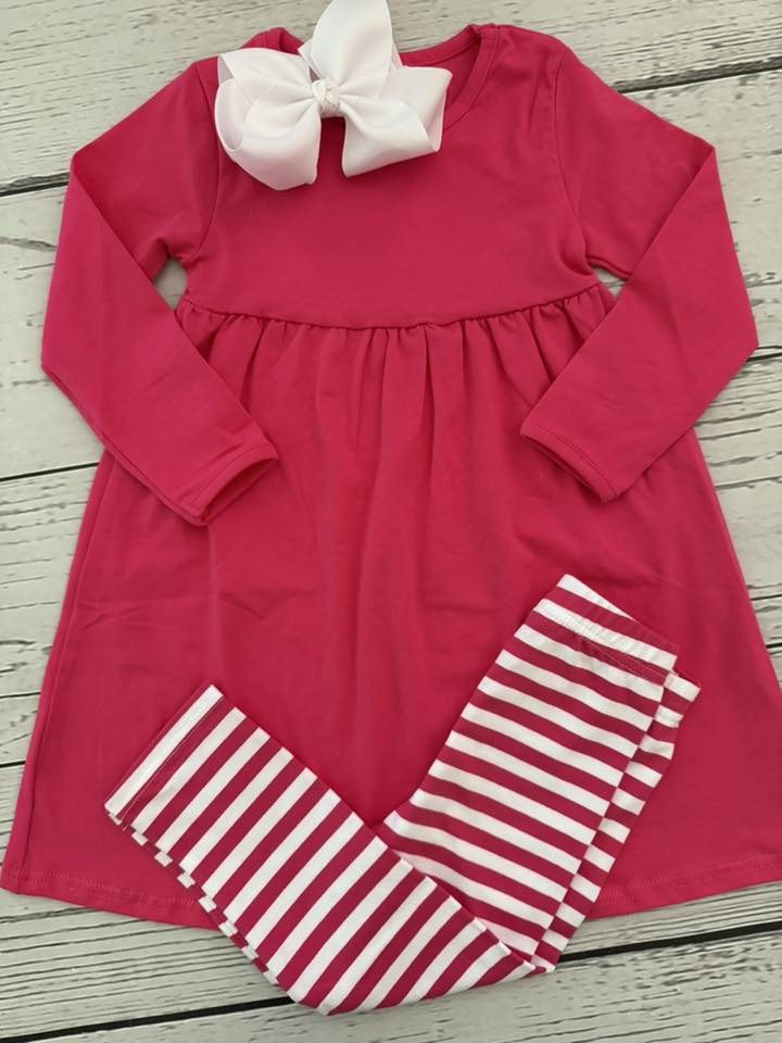 Hot pink tunic top stripes leggings girls long sleeve spring fall outfit  preorder