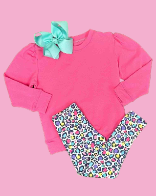 Hot pink top matching leopard leggings design kids outfit preorder