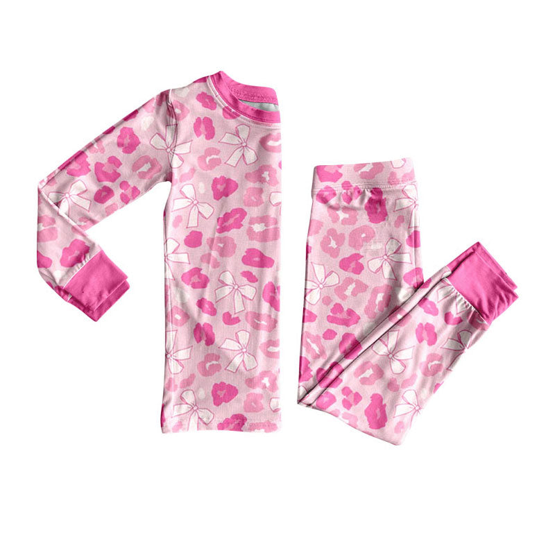 Valentines day Leopard bow girls long sleeve pajama set preorder