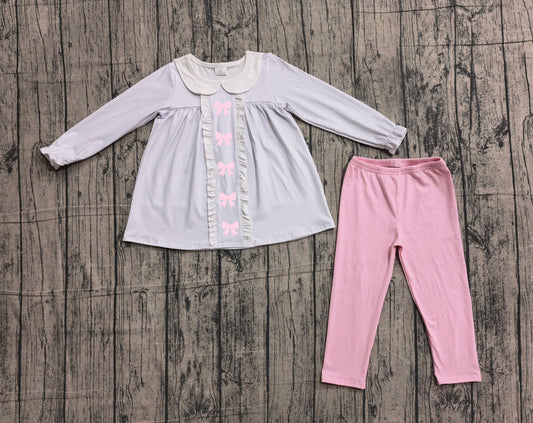 Embroidery Pink bow girls long sleeve outfit preorder