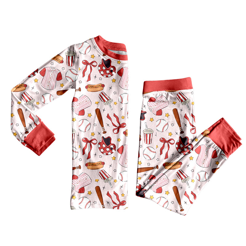 Baseball bow kids long sleeve top matching pants girls pajama set preorder