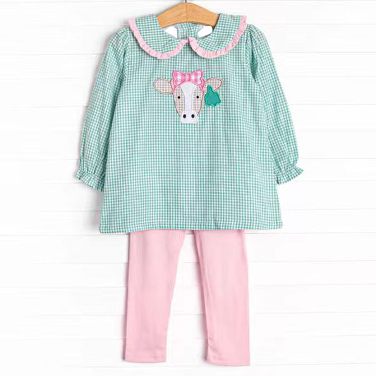Girls long sleeve cow shirt matching pink leggings outfit preorder