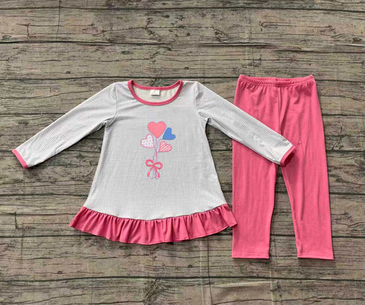 Girls long sleeve embroidery heart print shirt matching pink leggings outfit preorder