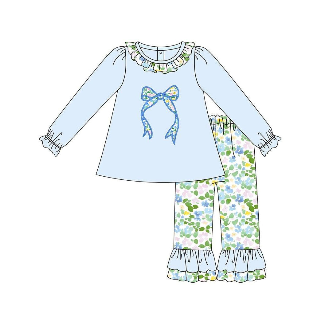 Blue bow design girls long sleeve outfit preorder
