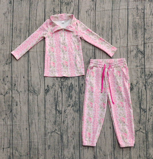 Pink floral yoga pullover top matching pants girls outfit preorder