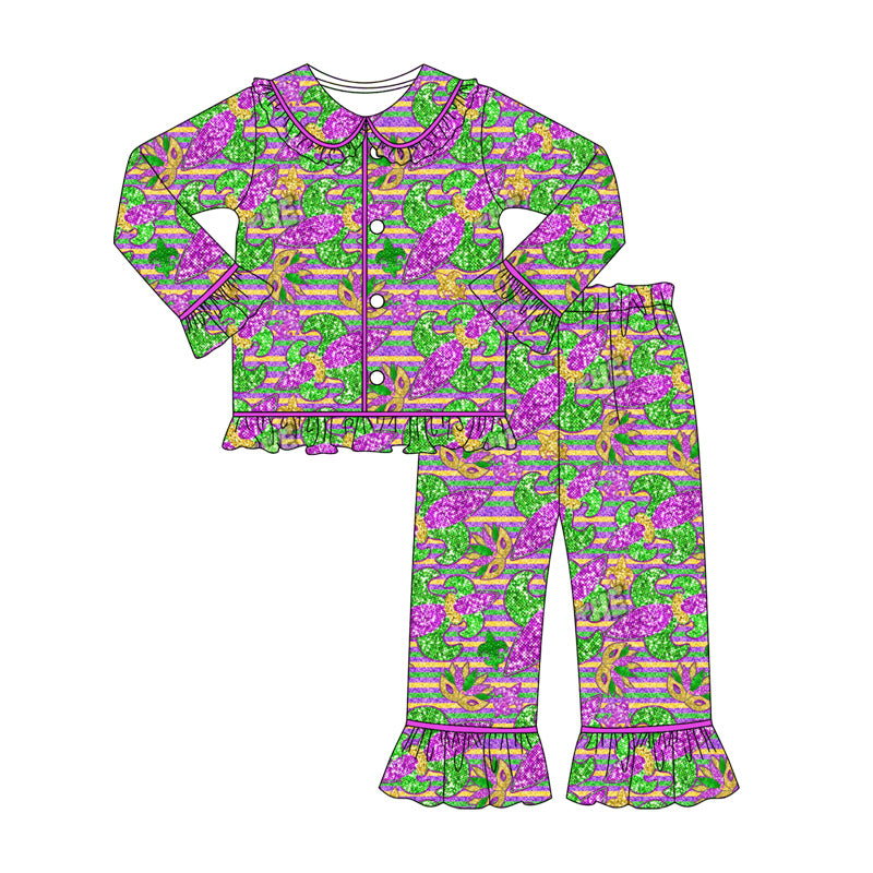 Mardi Gras kids baby girl long sleeve pajama set outfit preorder