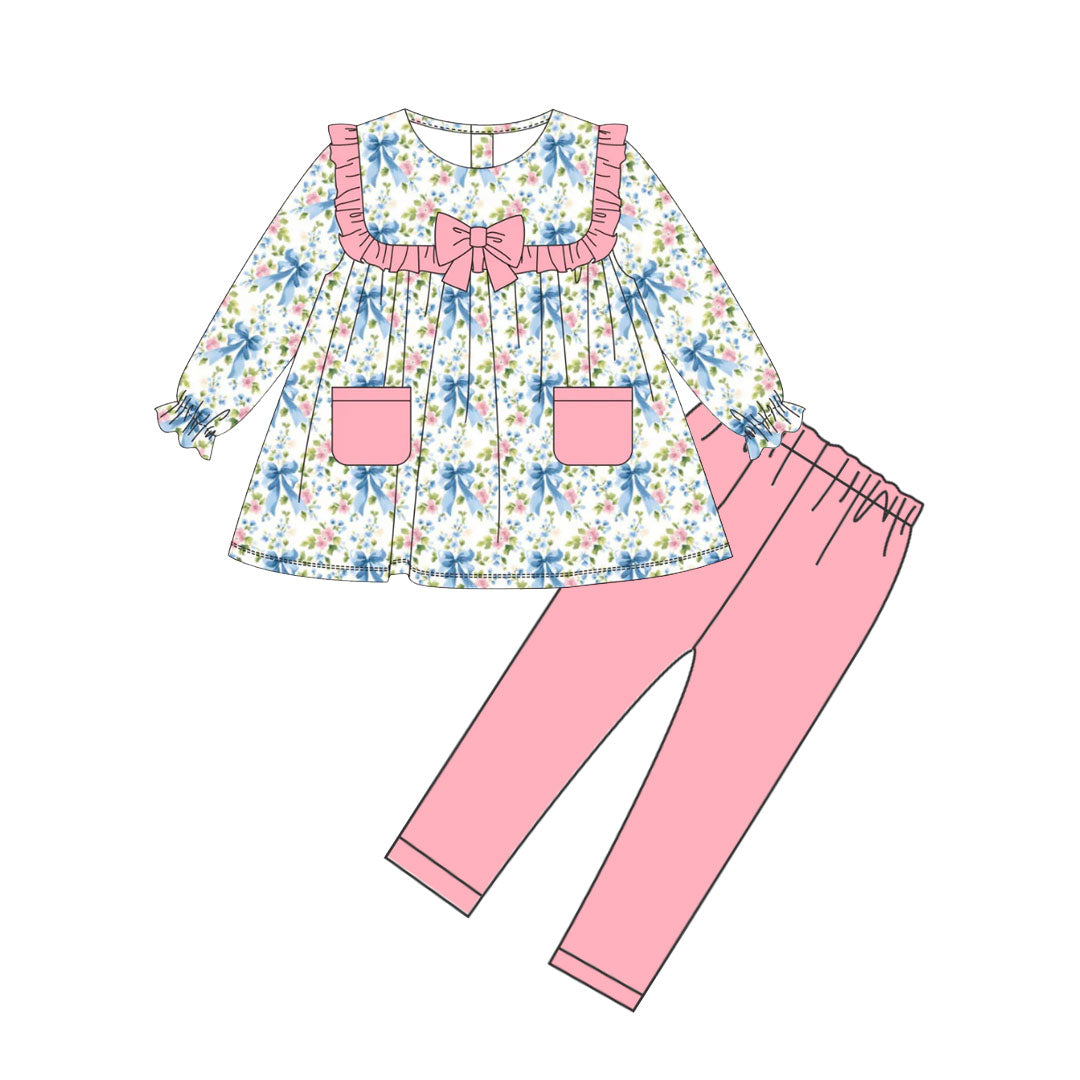 Blue bow floral design girls spring fall outfit preorder