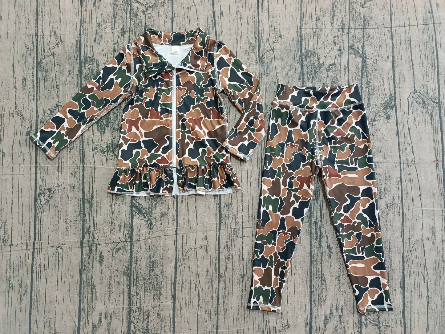 Brown camo yoga pullover top matching pants girls outfit preorder