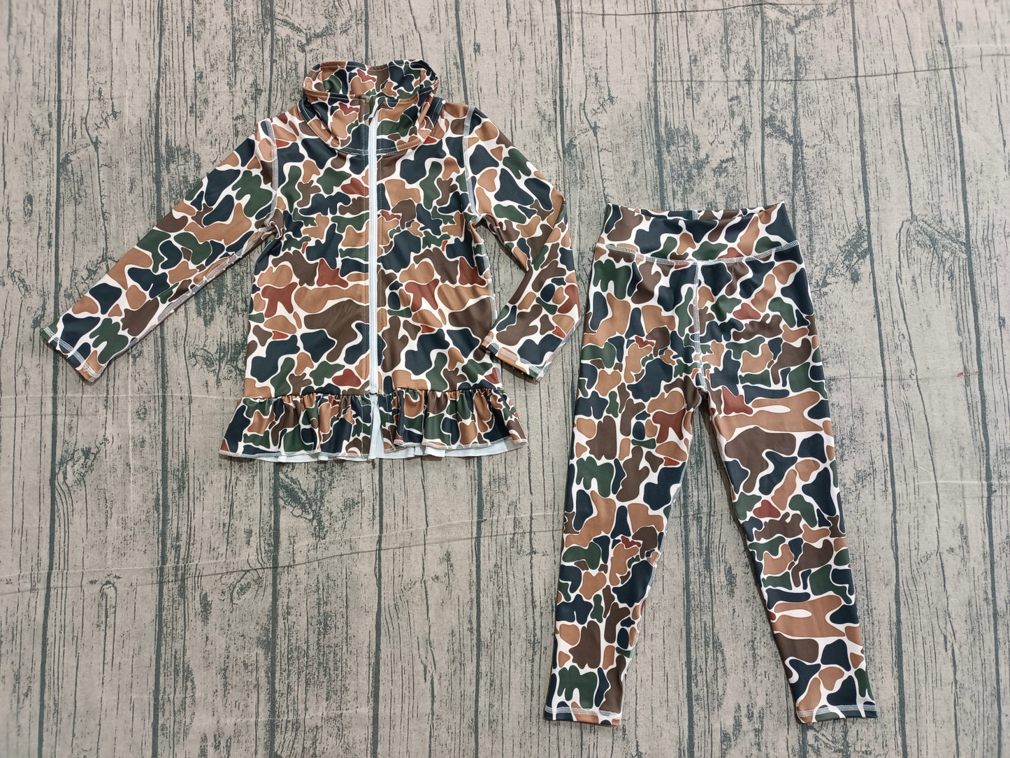 Brown camo yoga pullover top matching pants girls outfit preorder