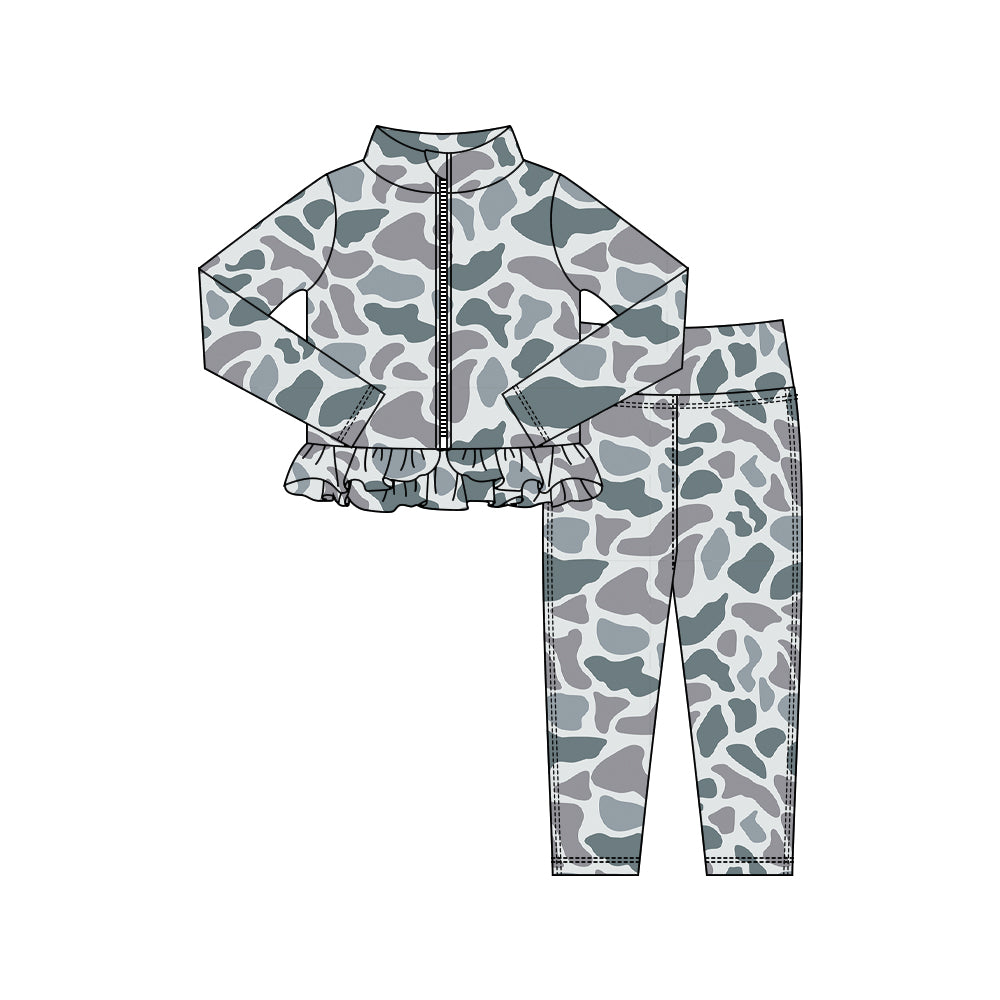 Light grey camo yoga pullover top matching pants girls outfit preorder