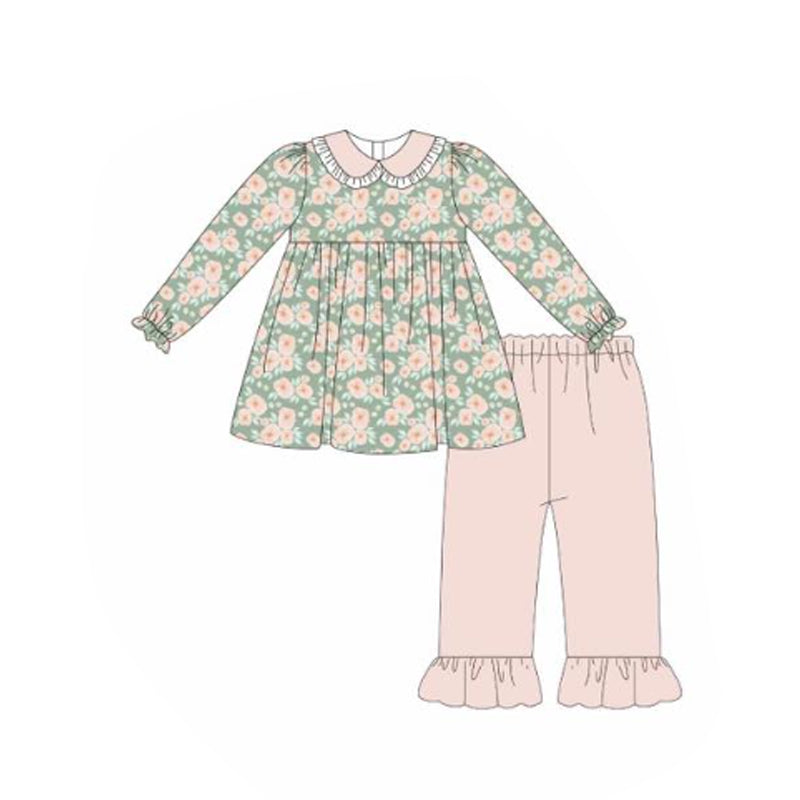 Pink floral long sleeve top matching pants baby girl outfit preorder