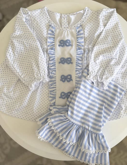 Girls blue bow top matching pants outfit preorder