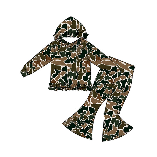 Dark green camo long sleeve top matching pants girls hoodie set preorder
