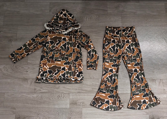 Dark green camo long sleeve top matching pants girls hoodie set preorder