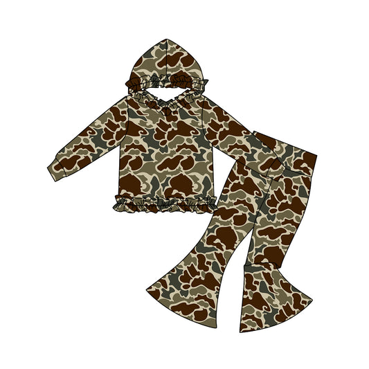 Dark brown camo long sleeve top matching pants girls hoodie set preorder
