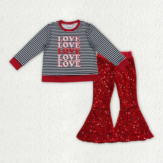 Valentines day t-shirt matching sequins bell bottoms 2pcs clothing set