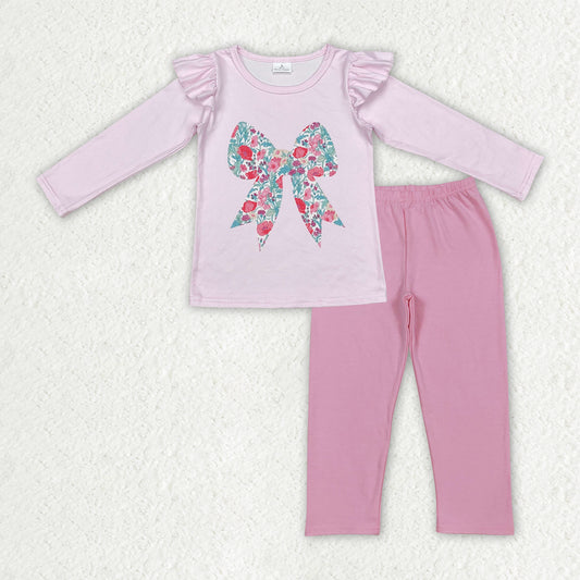 Floral bow top matching pants girls long sleeve outfit