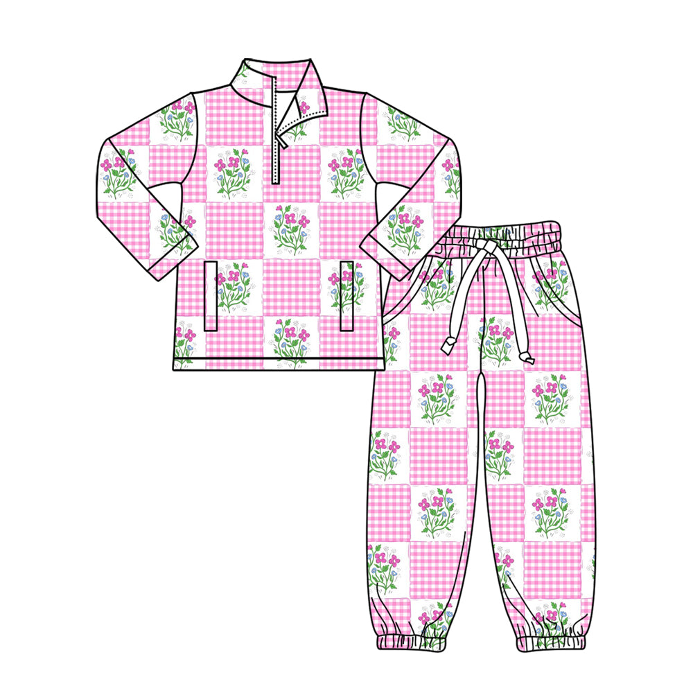 Pink plaid flowers long sleeve top matching pants baby girl outfit preorder