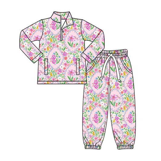 Flowers print long sleeve top matching pants baby girl outfit preorder