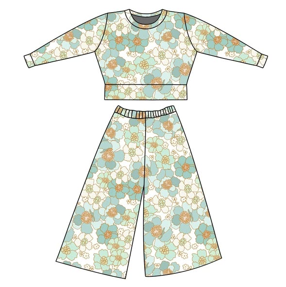 Blue floral print long sleeve top matching pants baby girl outfit preorder